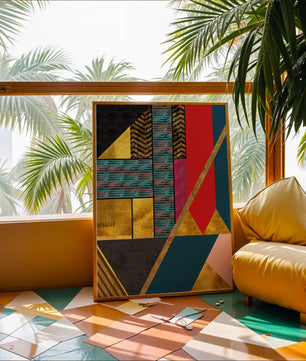 Geometric abstract art with bold colors and golden accents