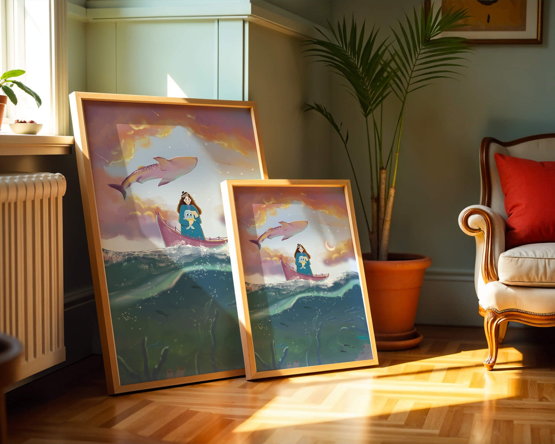 Whimsical illustration of a girl on a boat with a flying whale