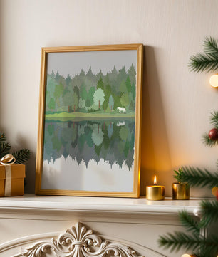 Forest landscape with a white horse and reflection in a tranquil pond