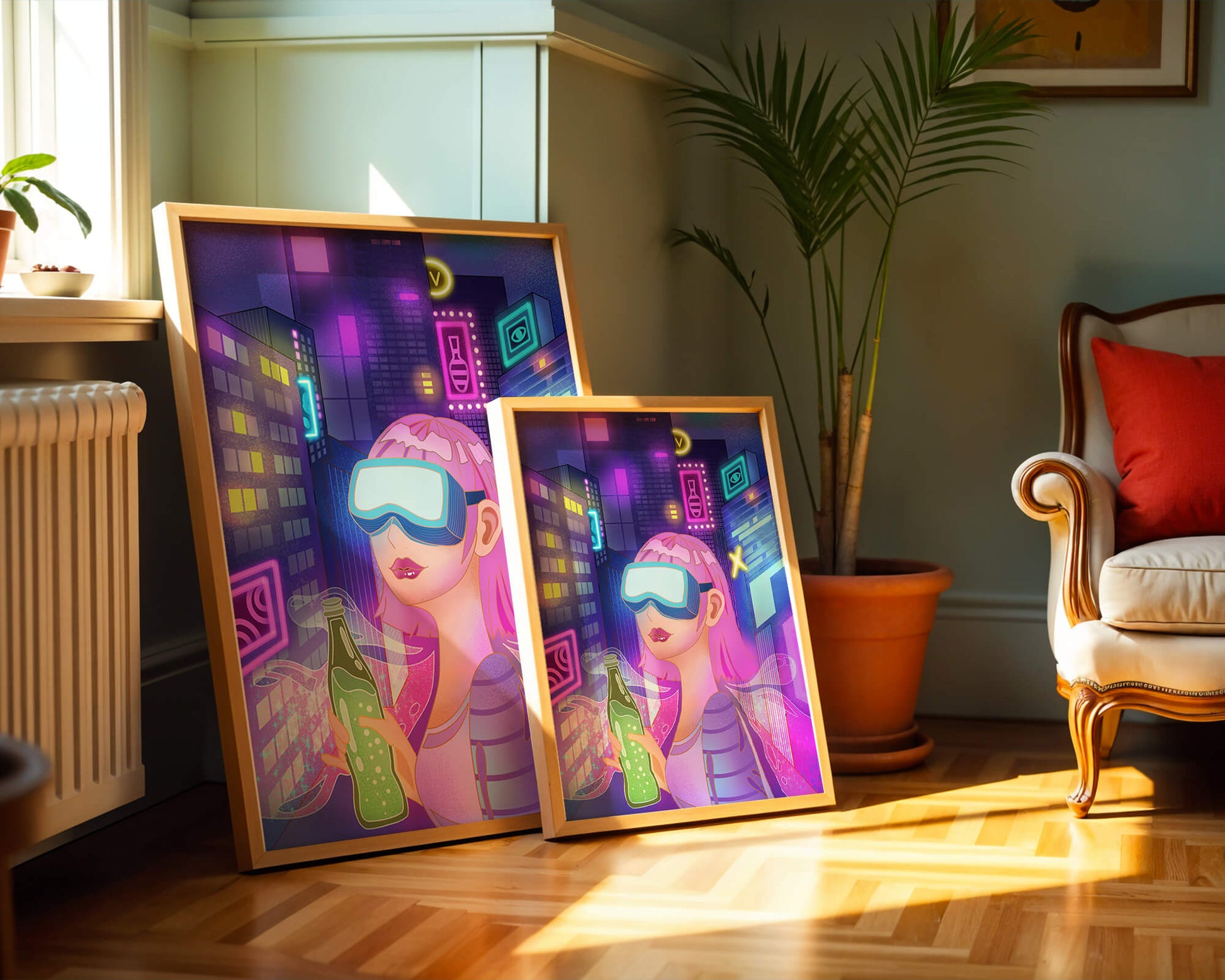 Futuristic urban scene with neon lights and virtual reality elements