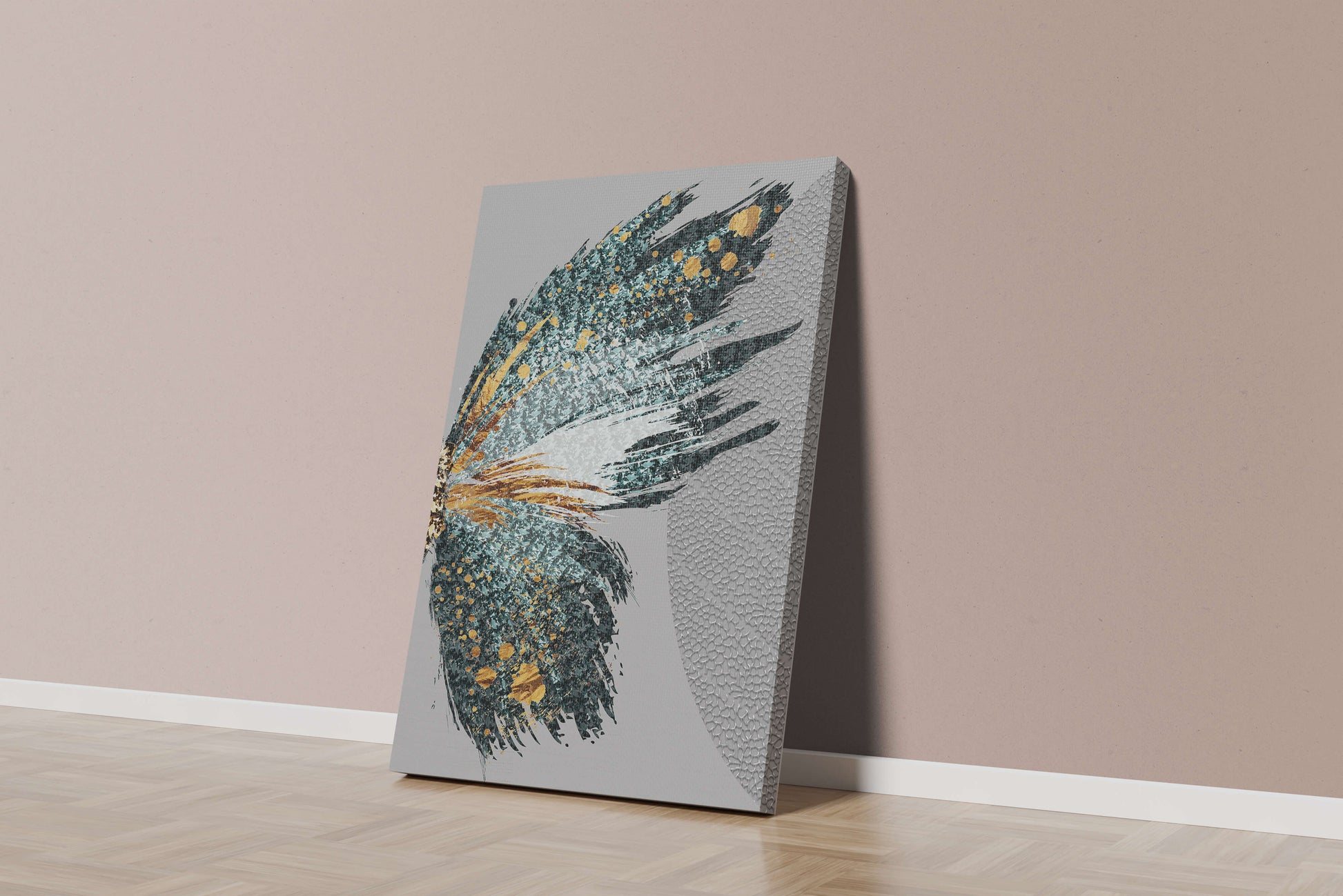 Ala de mariposa abstracta con detalles turquesa y dorados
