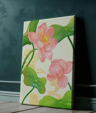 Illustration of pink lotus flowers with green leaves on a pastel background