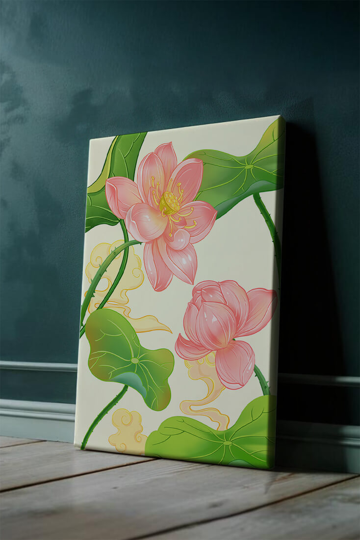Illustration of pink lotus flowers with green leaves on a pastel background