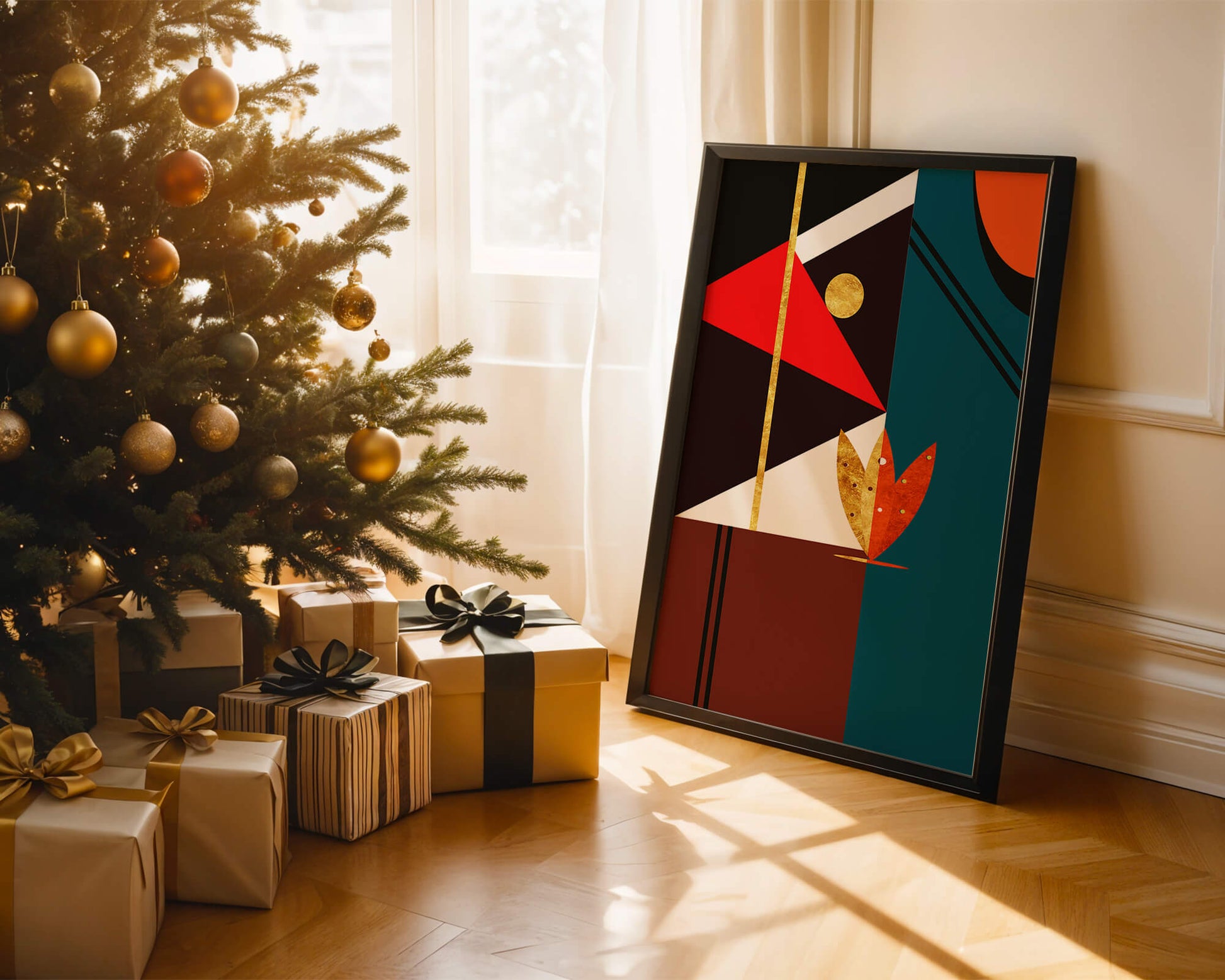 Geometrische abstrakte Kunst mit Gold und kräftigen Formen