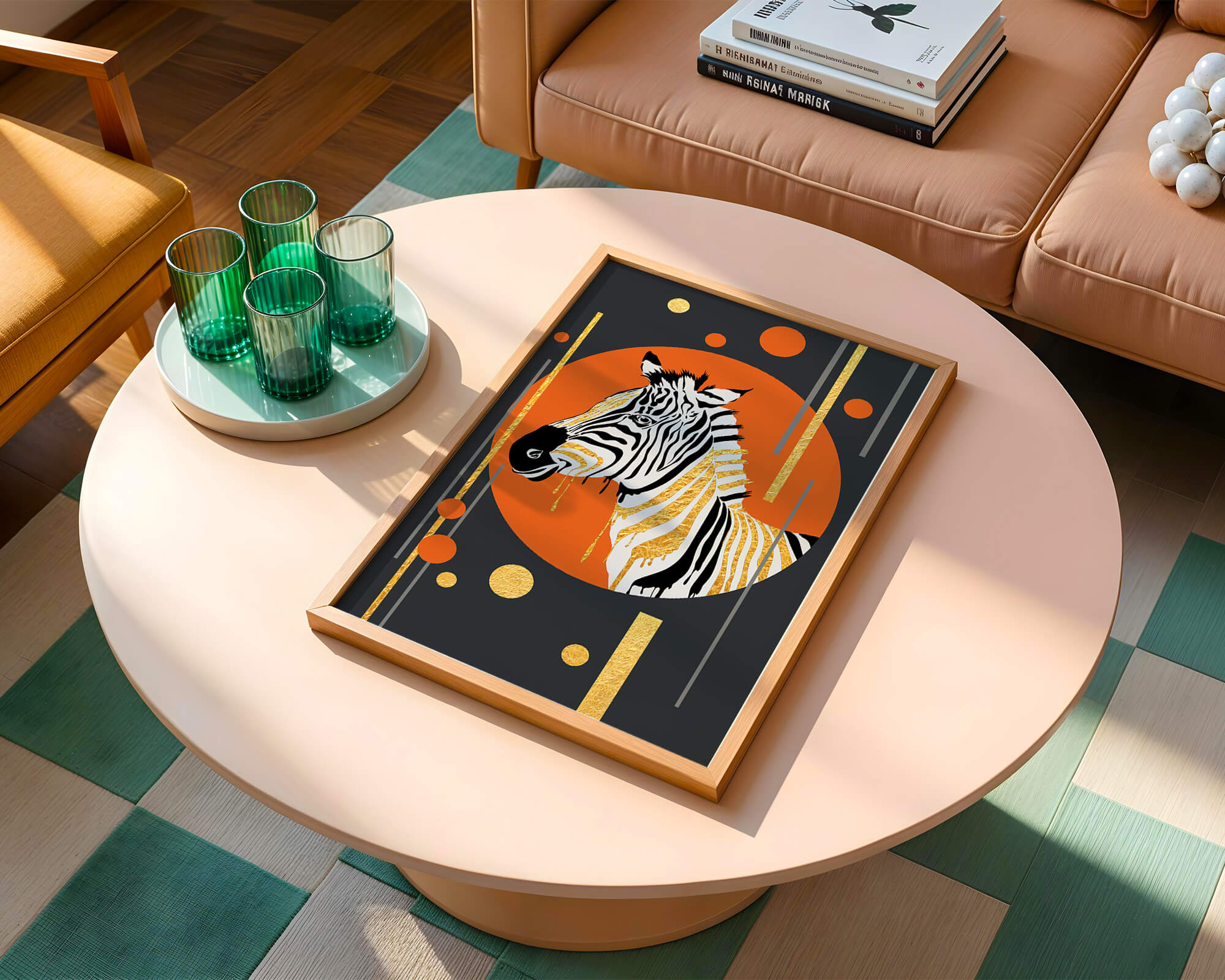 Modern zebra art with golden accents on abstract background