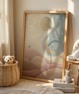 Minimalist landscape with sun, moon, and wolf in pastel hues