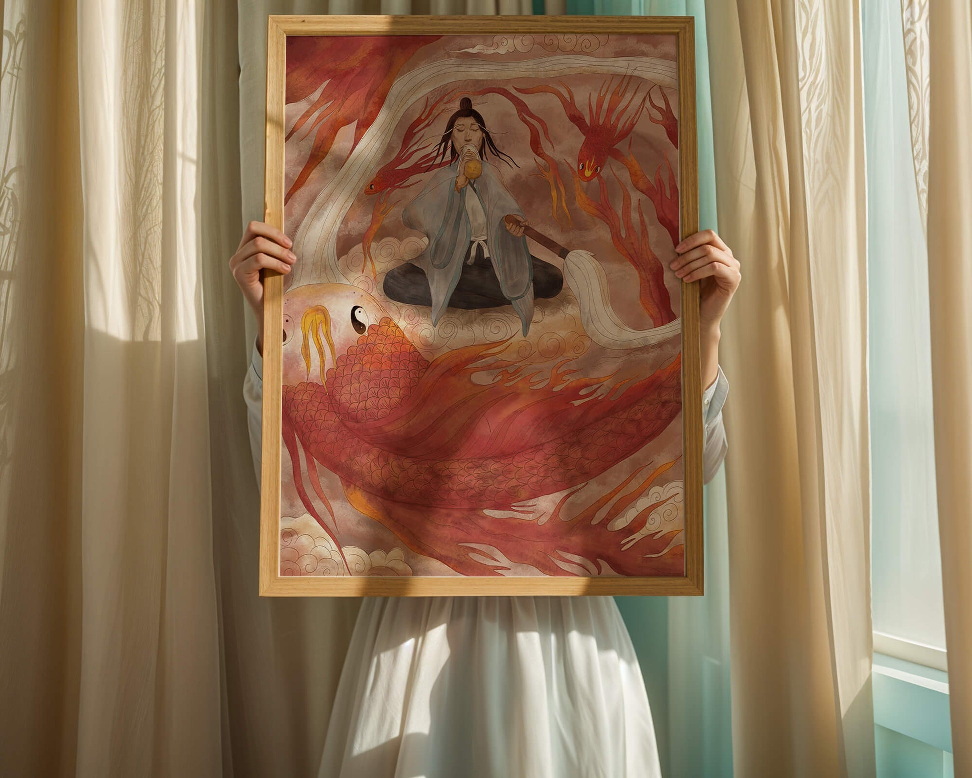 Serene meditation with mystical elements and mythical creatures