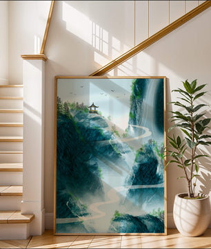 Serene mountain landscape with a pavilion and waterfall