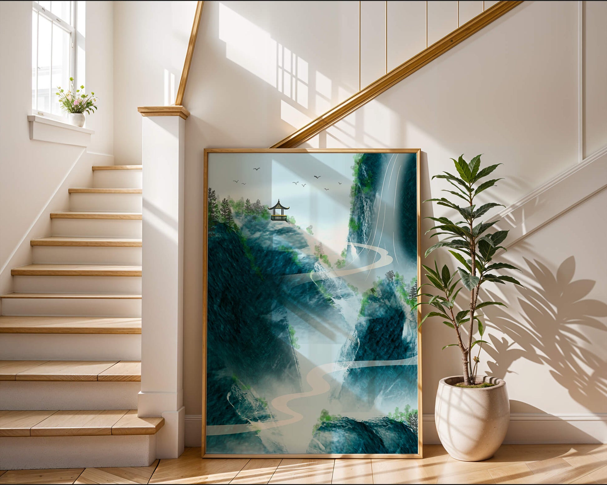 Serene mountain landscape with a pavilion and waterfall