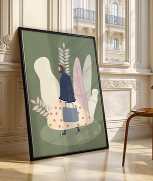 Illustrated woman in polka dot skirt with leafy background design