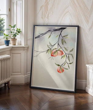 Peaceful Botanical Illustration of Branches with Leaves and Peaches - Mi tienda