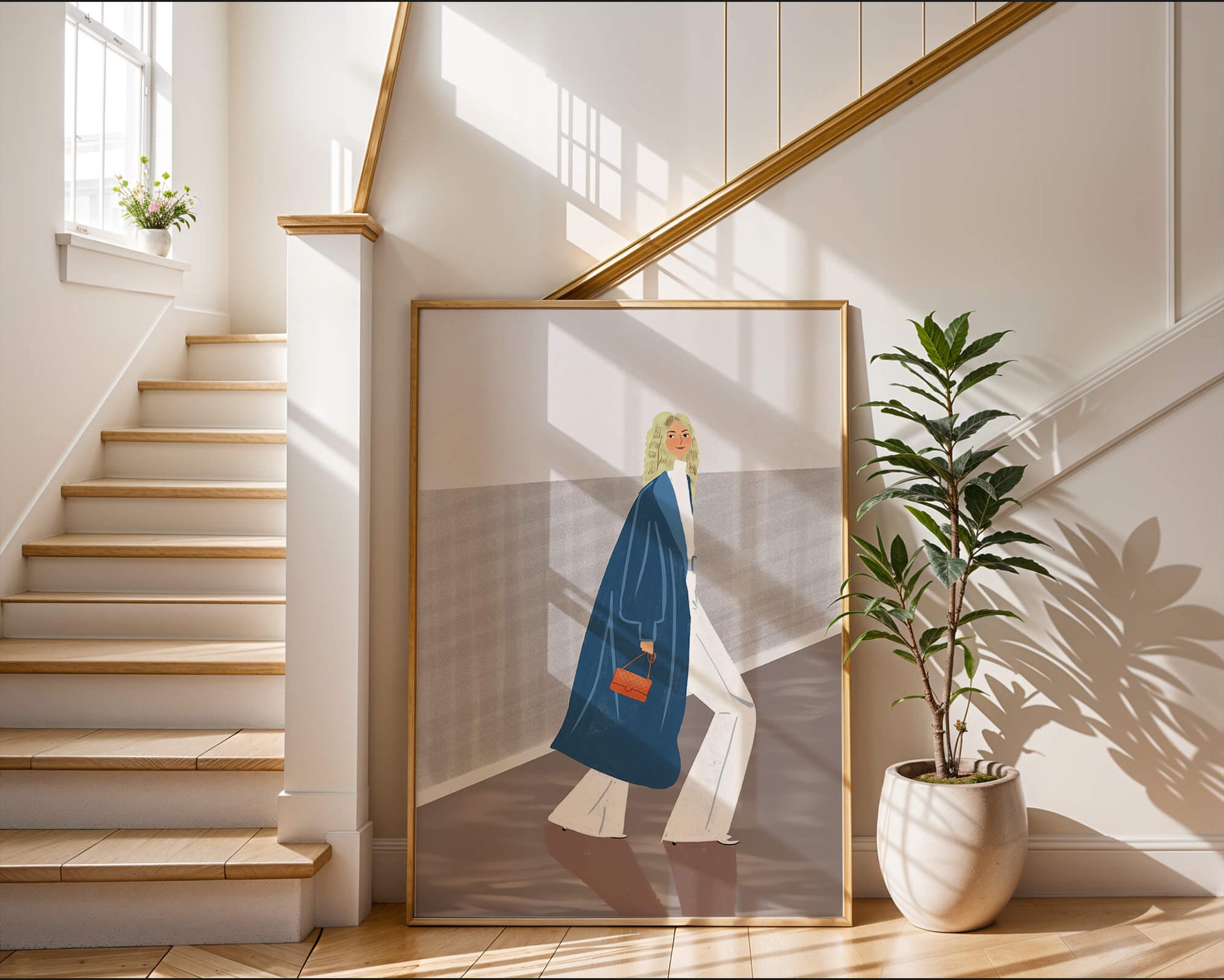Fashionable Woman in Long Blue Coat Walking Along Corridor with Orange Handbag