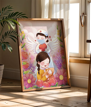 Escena ilustrada de un ángel de la salud con un niño y flores
