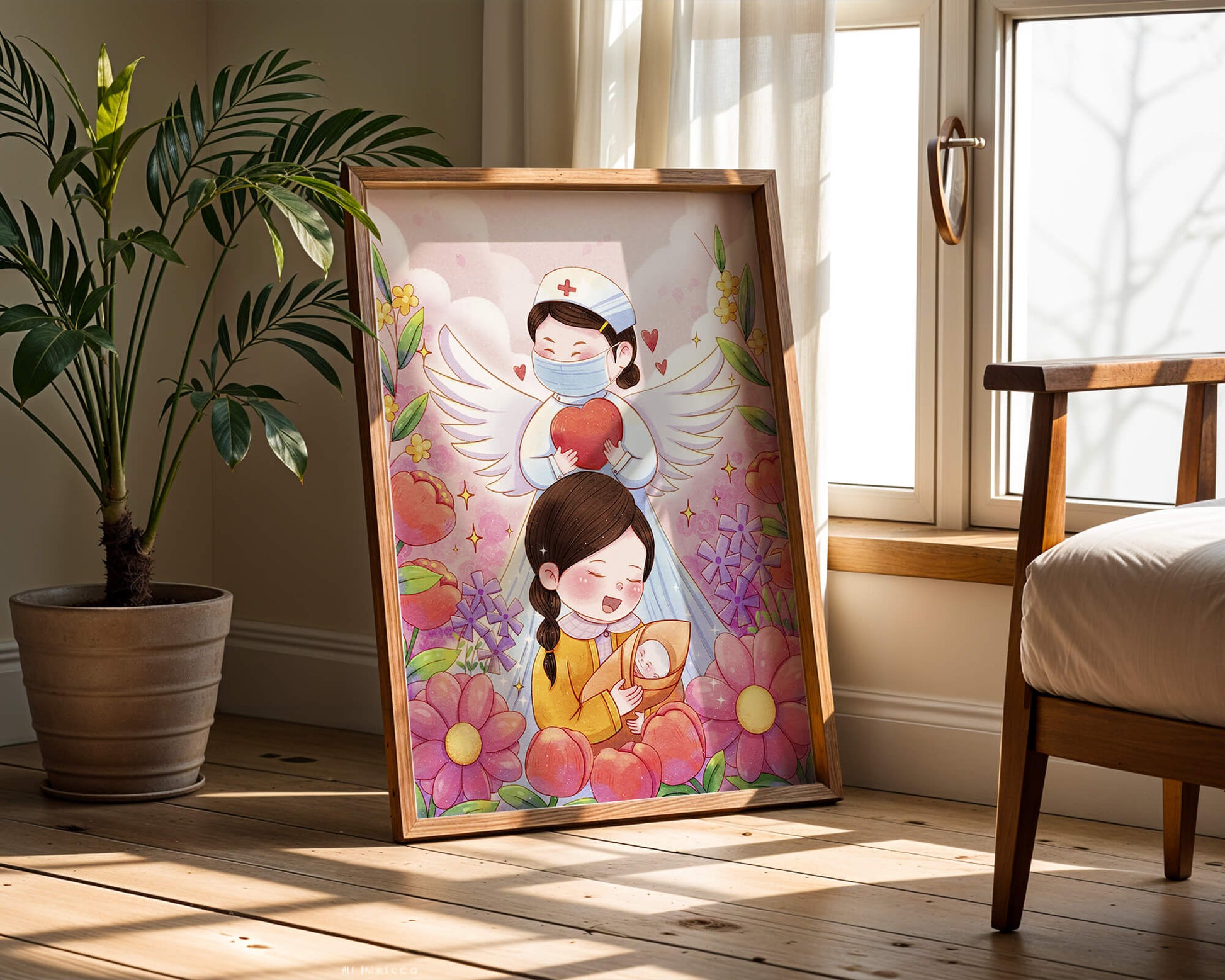 Illustrated scene of healthcare angel with child and flowers