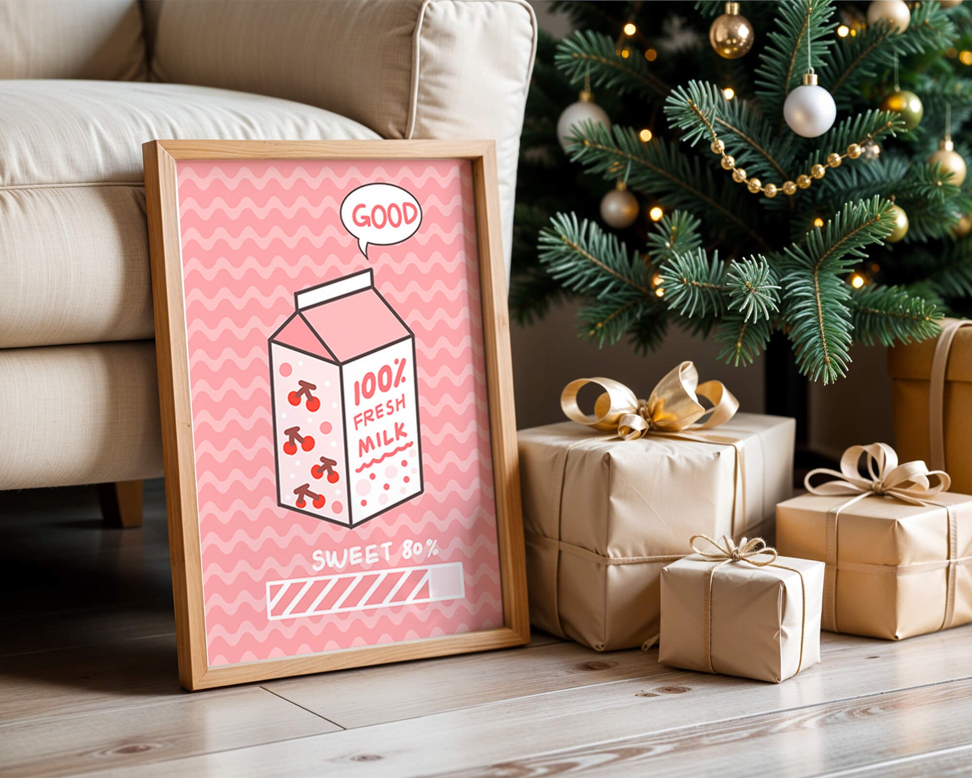 Playful illustration of milk carton with cherry design on pink background