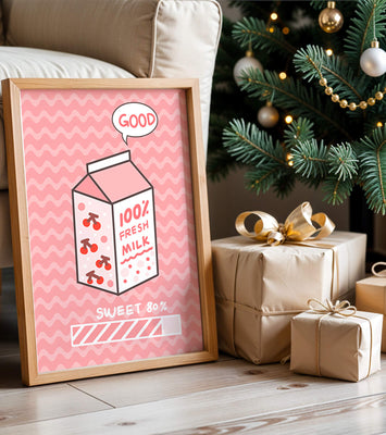 Playful illustration of milk carton with cherry design on pink background