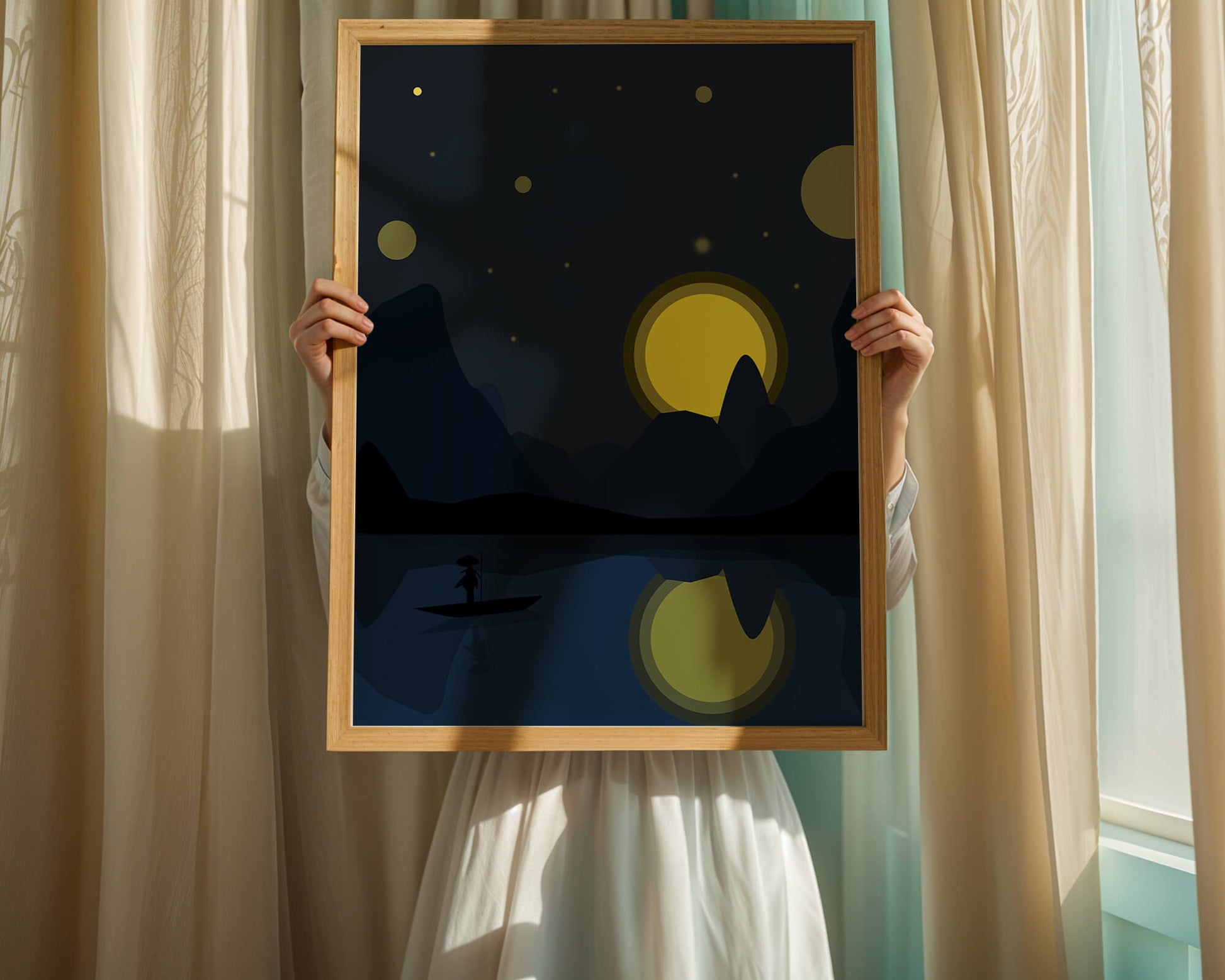 Serene night landscape with moonlit river and silhouetted boat