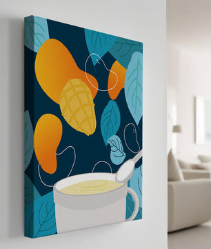 Ilustración colorida de mangos y hojas con una bebida cremosa