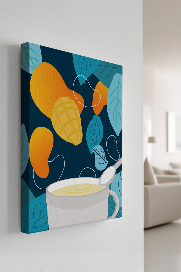 Ilustración colorida de mangos y hojas con una bebida cremosa