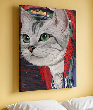 Illustrated cat portrait with colorful accents