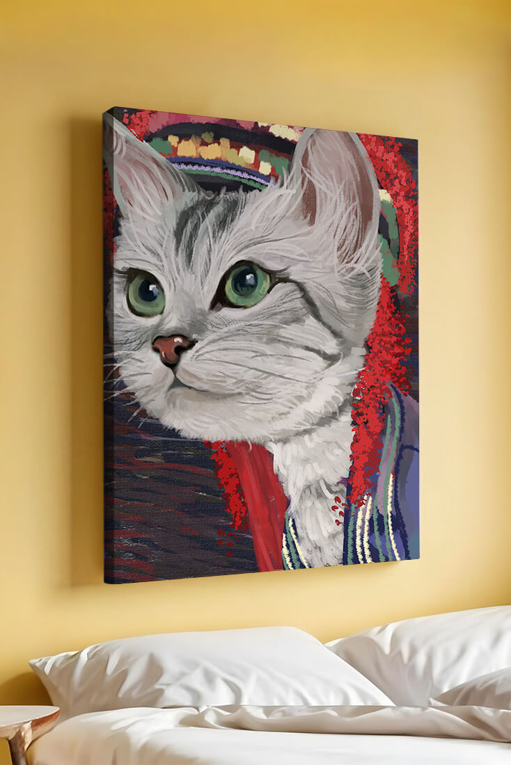 Illustrated cat portrait with colorful accents