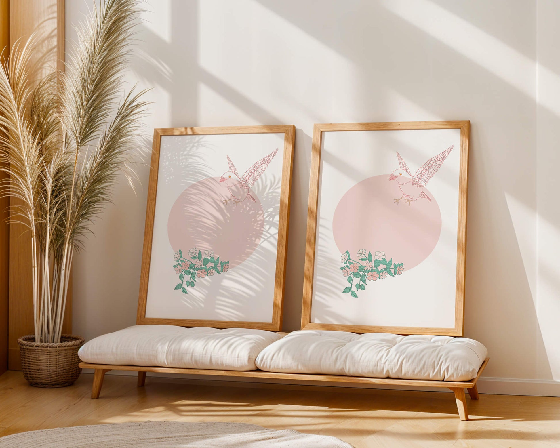 Pájaro pastel con elementos florales en estilo minimalista