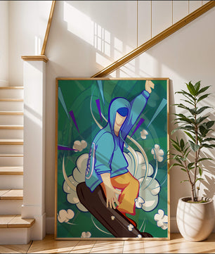 Ilustración abstracta colorida de una persona en movimiento con tonos azules y verdes