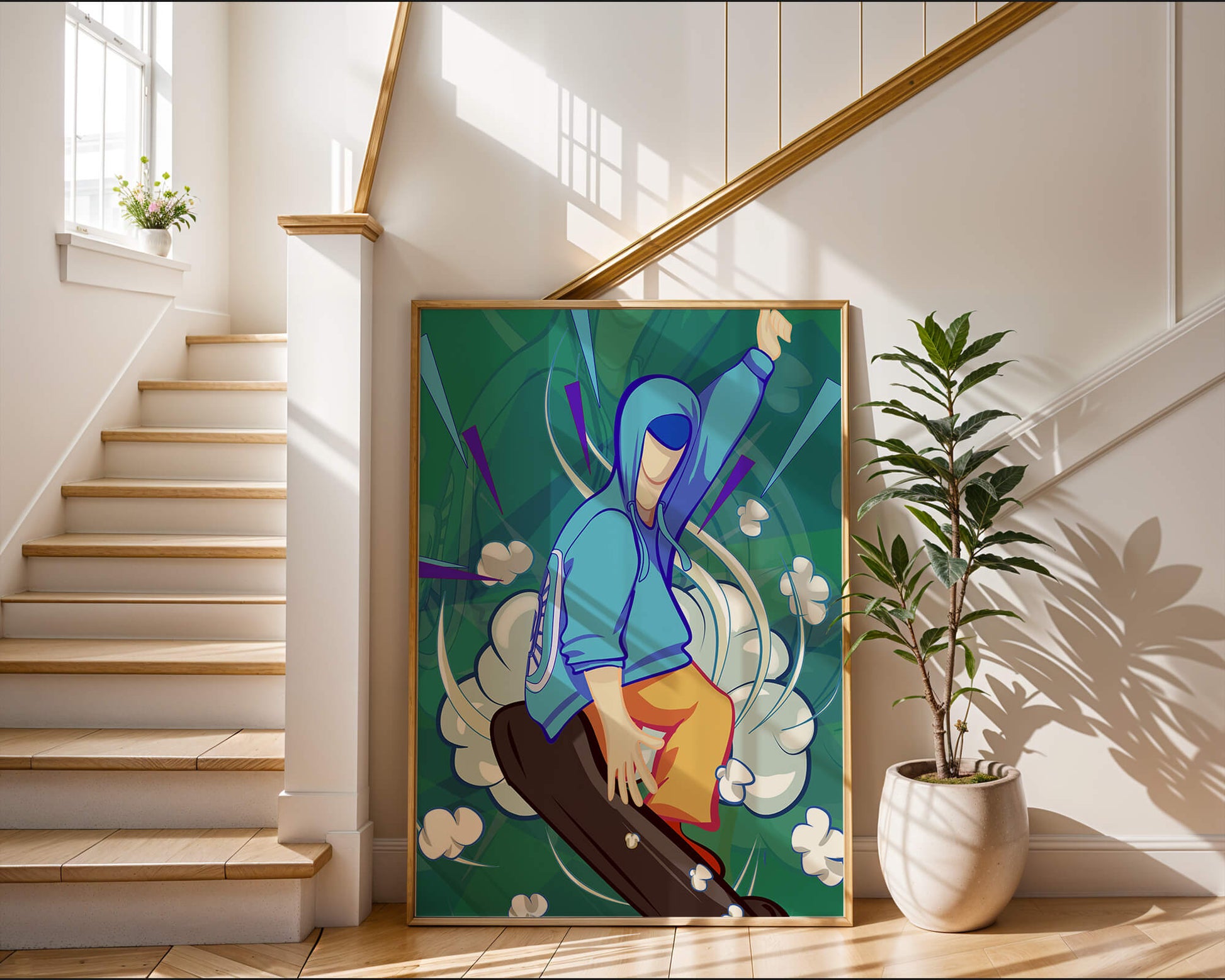 Ilustración abstracta colorida de una persona en movimiento con tonos azules y verdes