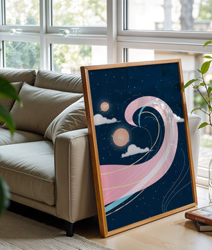Cosmic Waves and Planets with Whimsical Pink Swirls and Stars - Mi tienda