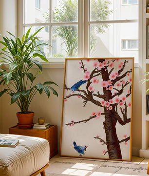 Ilustración encantadora de un árbol de cerezo con pájaros