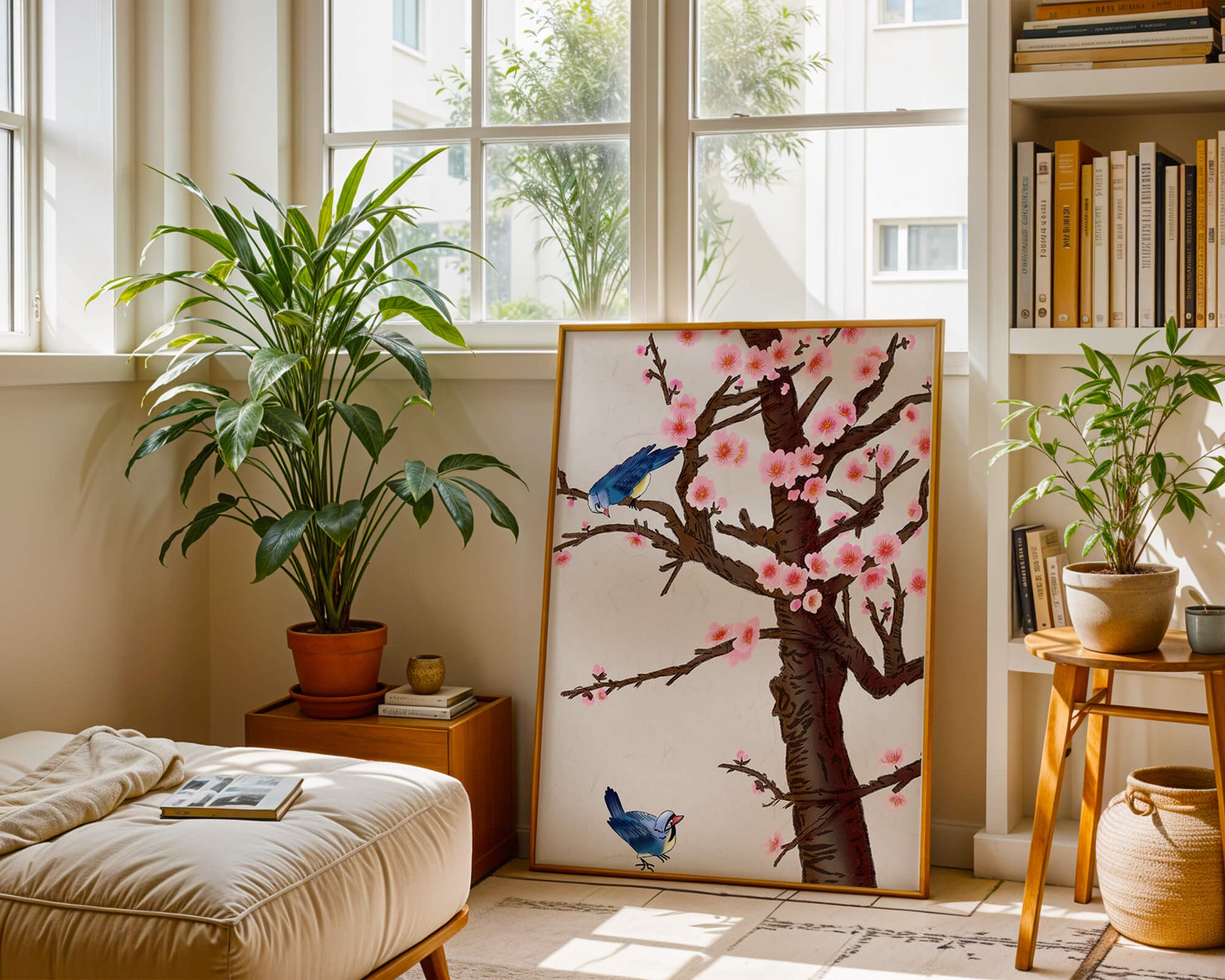 Charming illustration of cherry blossom tree with birds