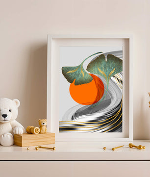Hojas de Ginkgo abstractas con círculo naranja y ondas plateadas