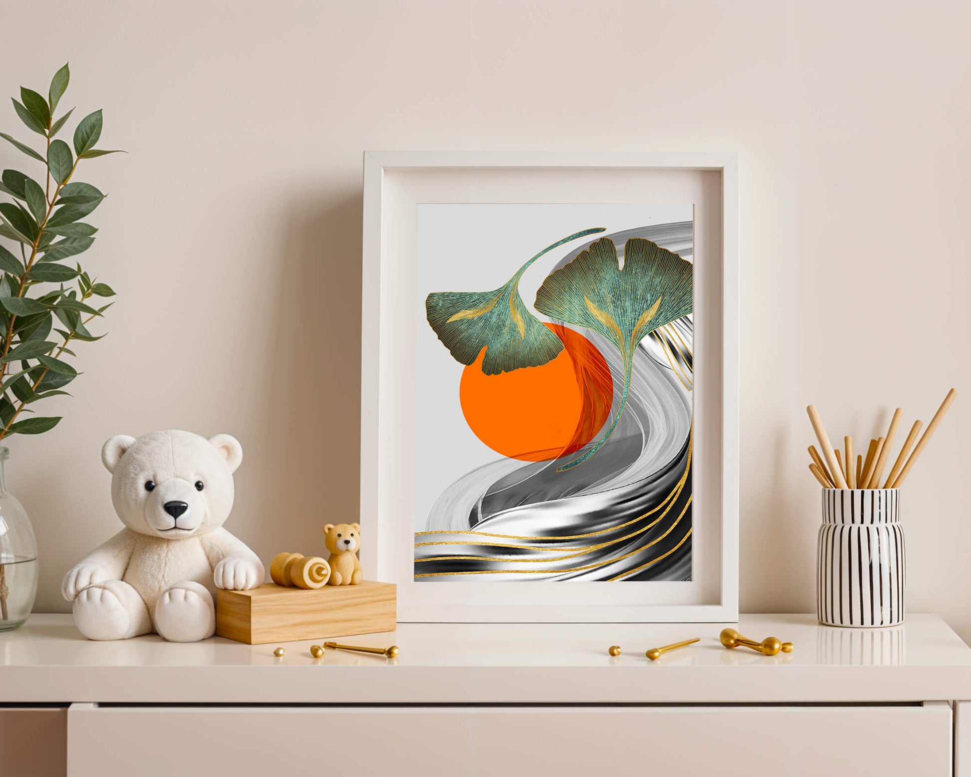 Hojas de Ginkgo abstractas con círculo naranja y ondas plateadas