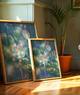 Bunte Lotusblumen mit abstraktem kosmischen Hintergrund