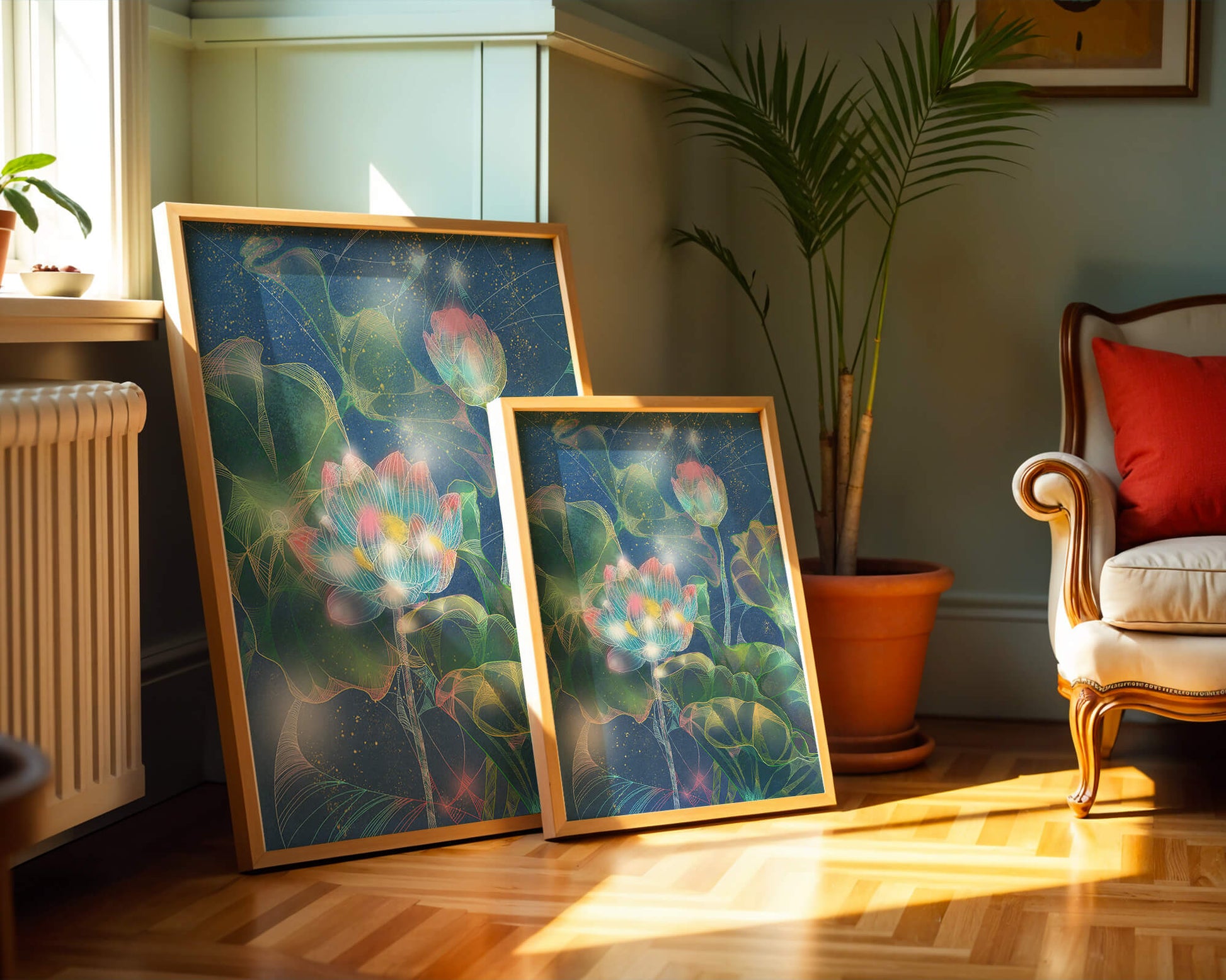 Bunte Lotusblumen mit abstraktem kosmischen Hintergrund