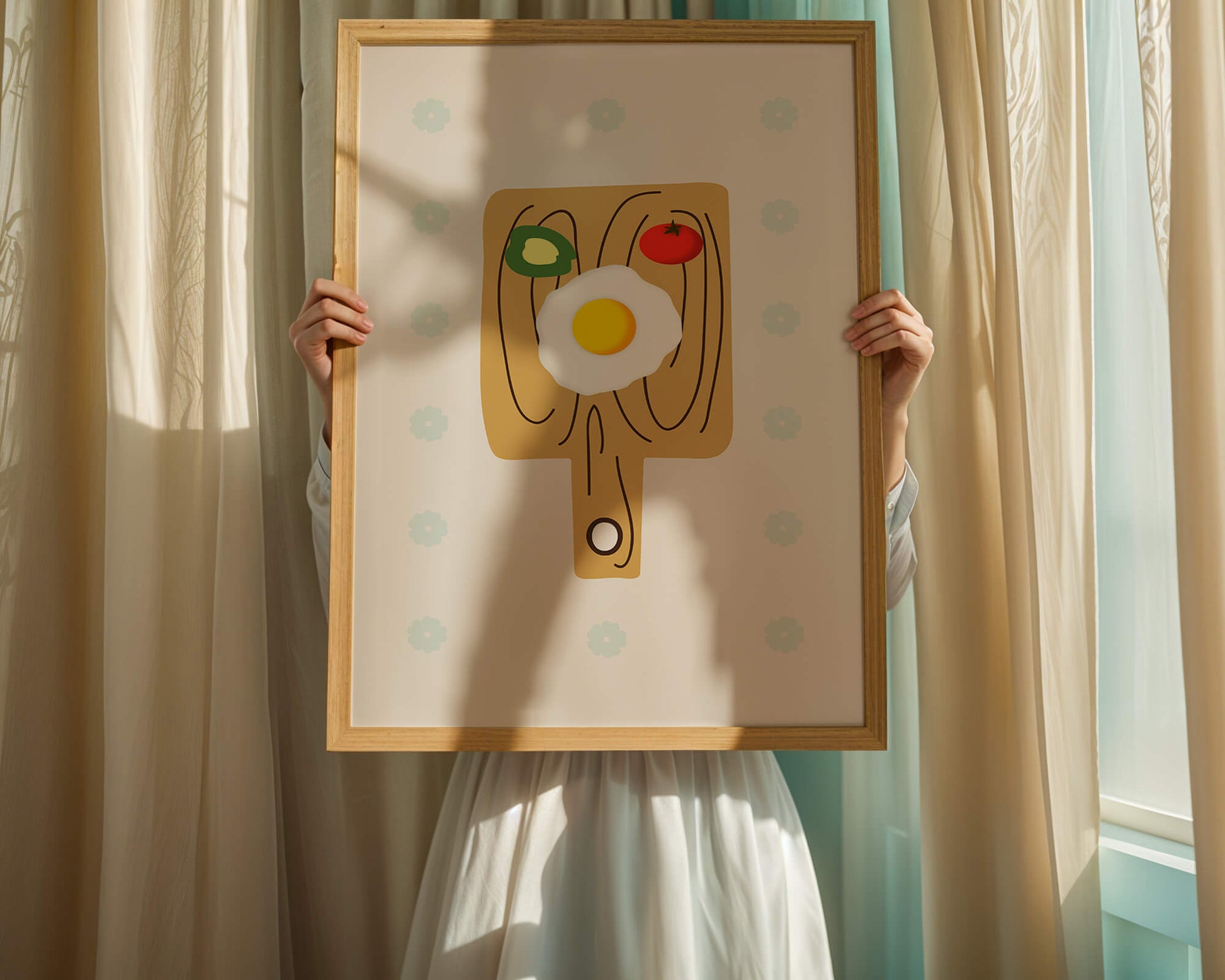 Ilustración de una escena de desayuno con huevo, aguacate y tomate sobre tabla de madera
