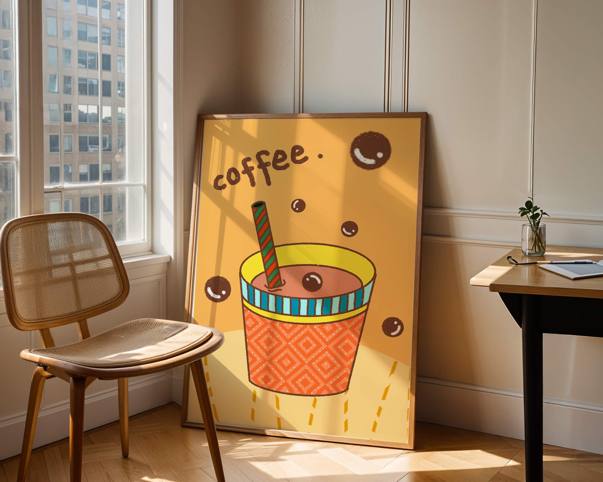 Colorful coffee cup illustration with bubbles and straw