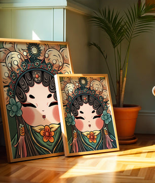 Ilustración encantadora de una muñeca china tradicional con tocado floral