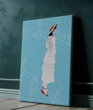 Stylish woman in polka dot dress with hat in modern abstract scene