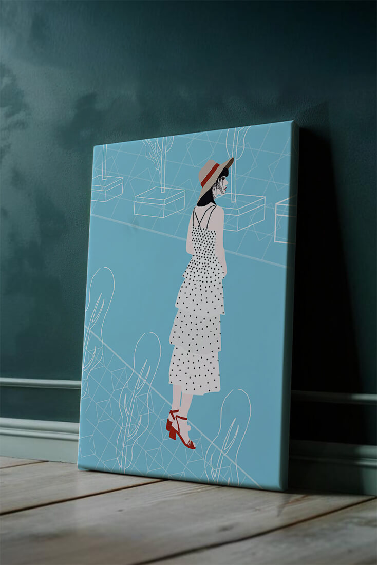 Stylish woman in polka dot dress with hat in modern abstract scene