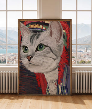 Illustrated cat portrait with colorful accents