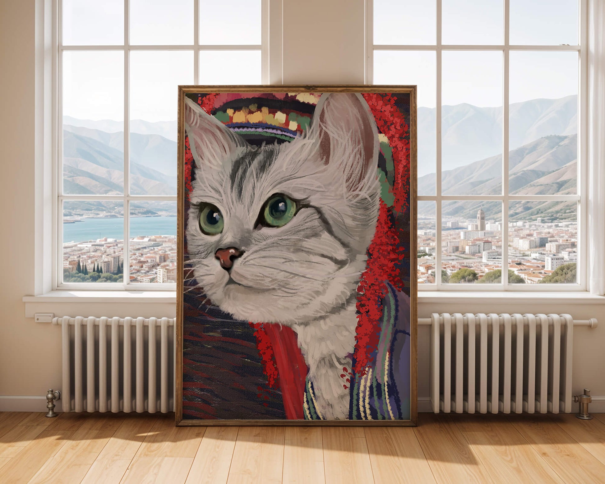 Illustrated cat portrait with colorful accents