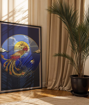 Phénix doré aux plumes éclatantes dans un décor marin mystique