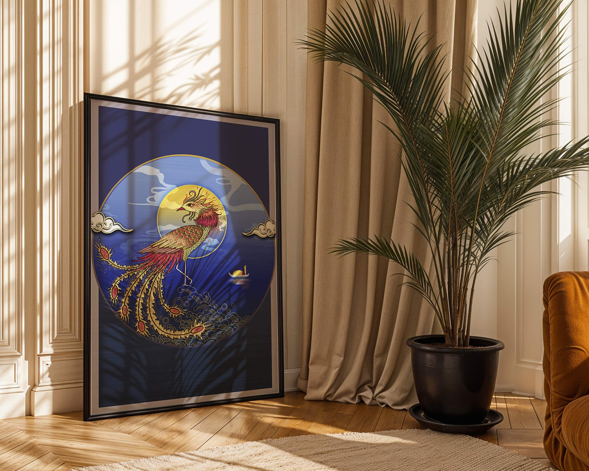 Golden Phoenix with Vibrant Feathers in Mystical Sea Setting