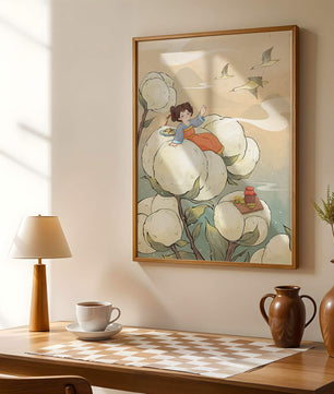 Illustration d'une fille sur des fleurs géantes avec des oiseaux volants et de la nourriture