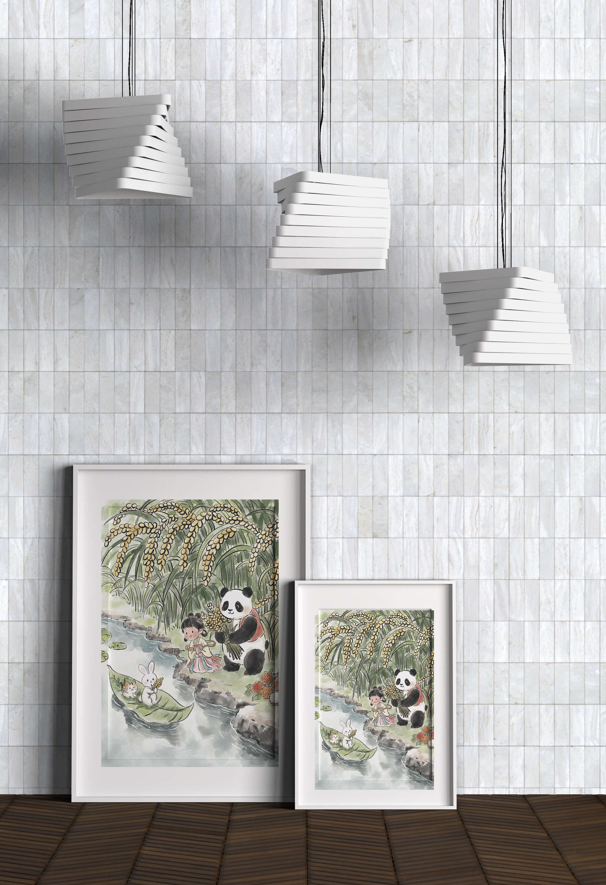 Escena caprichosa con un panda y un conejo junto al río