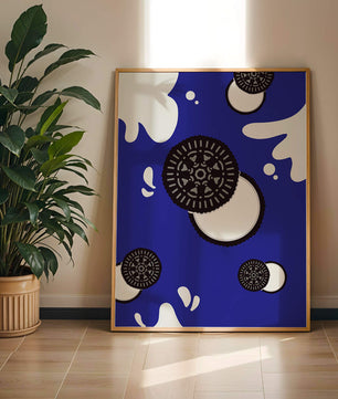 Graphic design featuring cookies and milk splashes on blue background