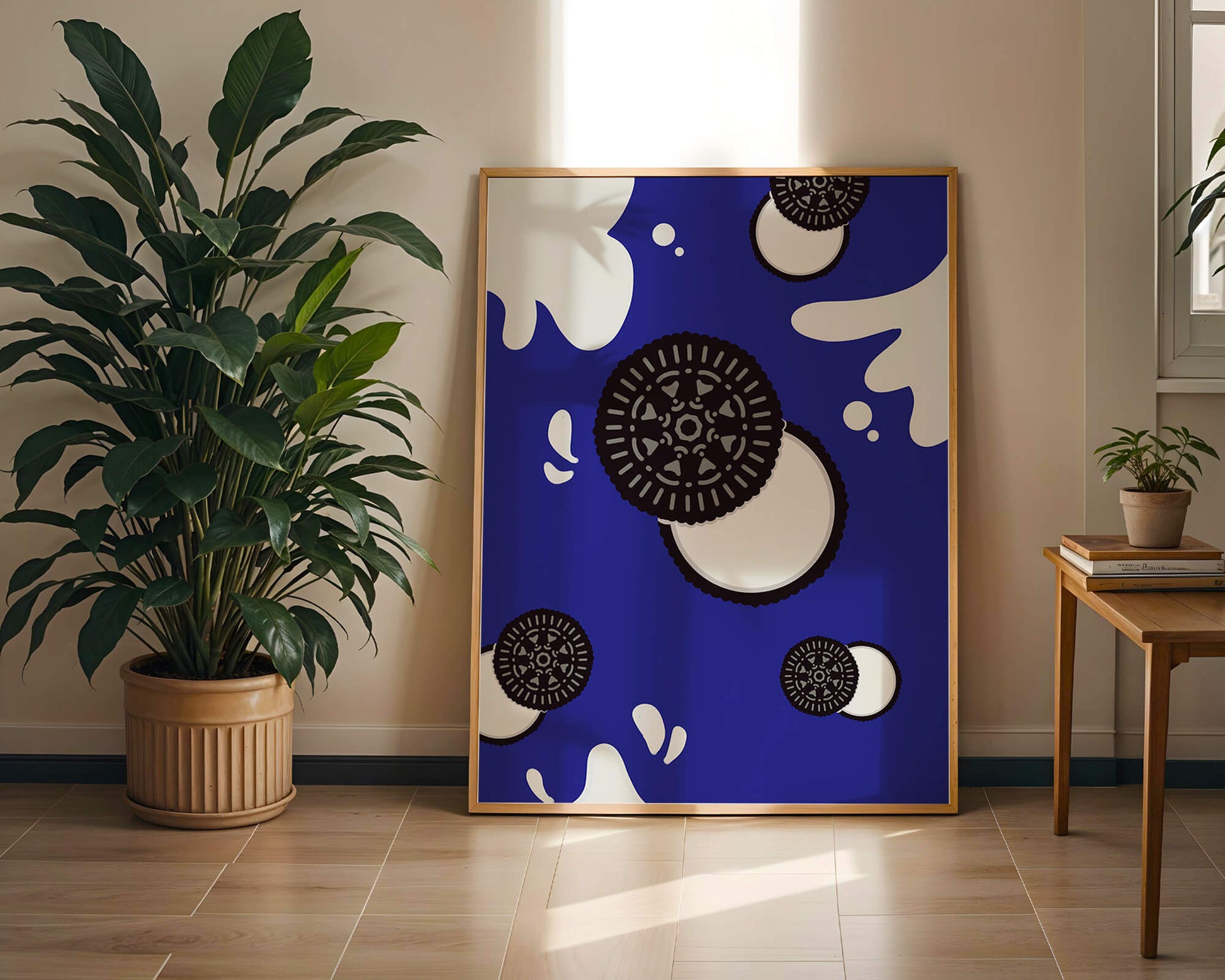 Graphic design featuring cookies and milk splashes on blue background