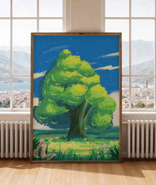  Friedlicher grüner Baum auf einer sonnigen Wiese mit Schmetterlingen