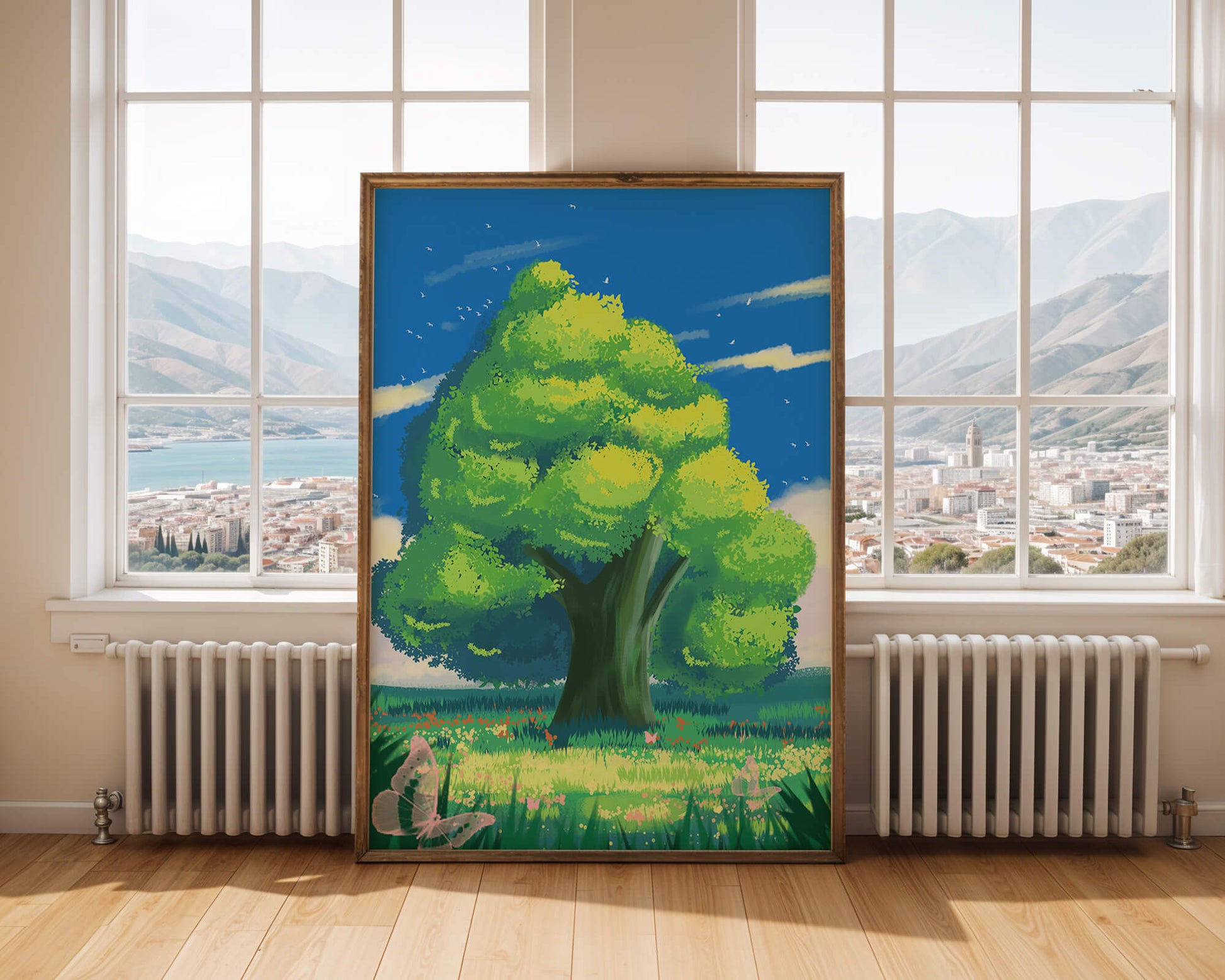  Friedlicher grüner Baum auf einer sonnigen Wiese mit Schmetterlingen